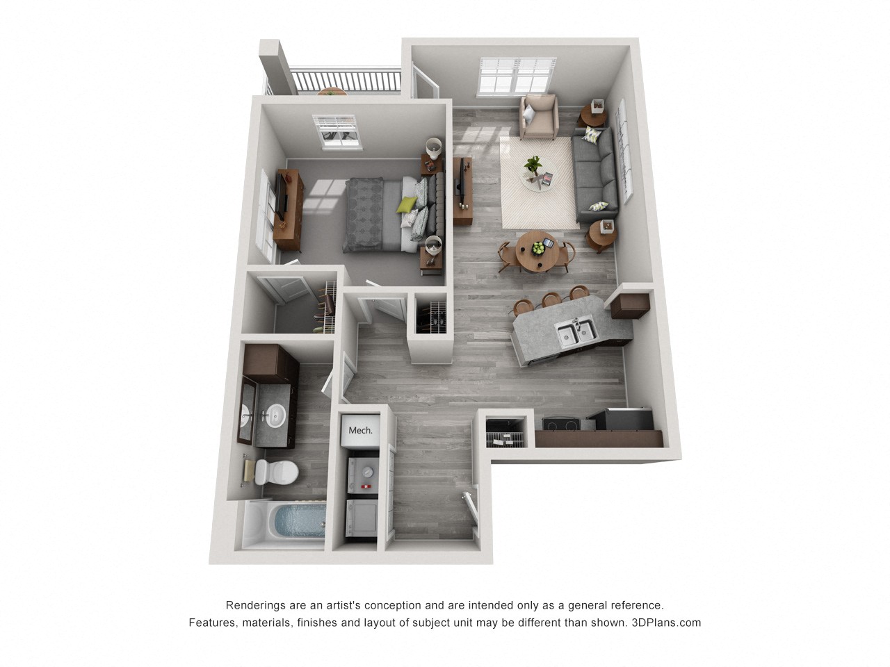 Floor plan for 1 bed, 1 bath, 817 sqft